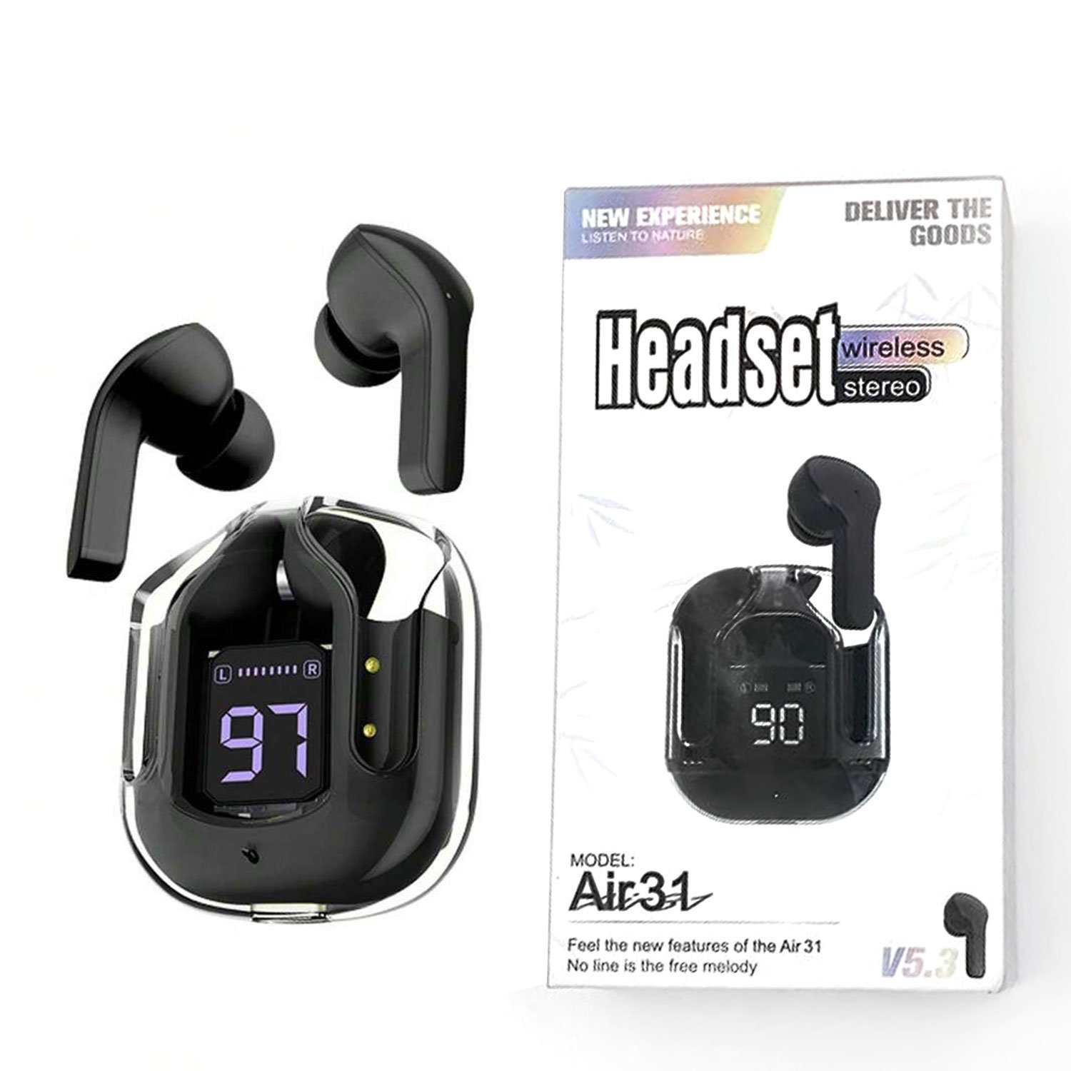 AIR 31 TWS ORIGINAL WITH BIG PACKING TRANSPARENT EARBUDS BLUETOOTH 5.3V Pink