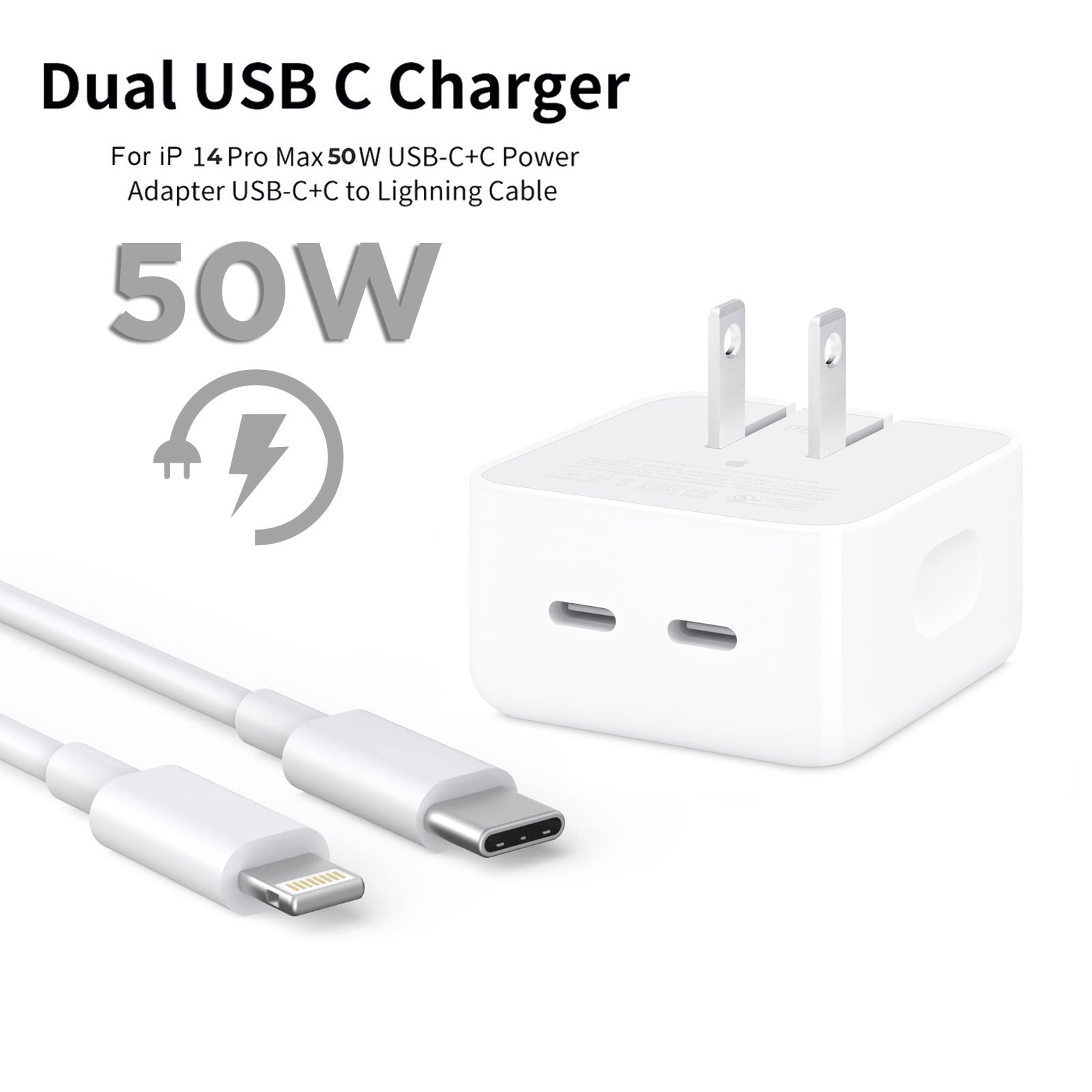 IPHONE 14 Pro 2 Pin (US PIN) 50W USB-C+C POWER Adapter With USB-C TO LIGHTINING CABLE