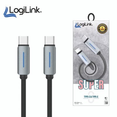 LOGILINK TYPE C TO TYPE C NYLON FAST CHARGING DATA CABLE WITH LIGH1M (1 YEAR WARRANTY) BLACK