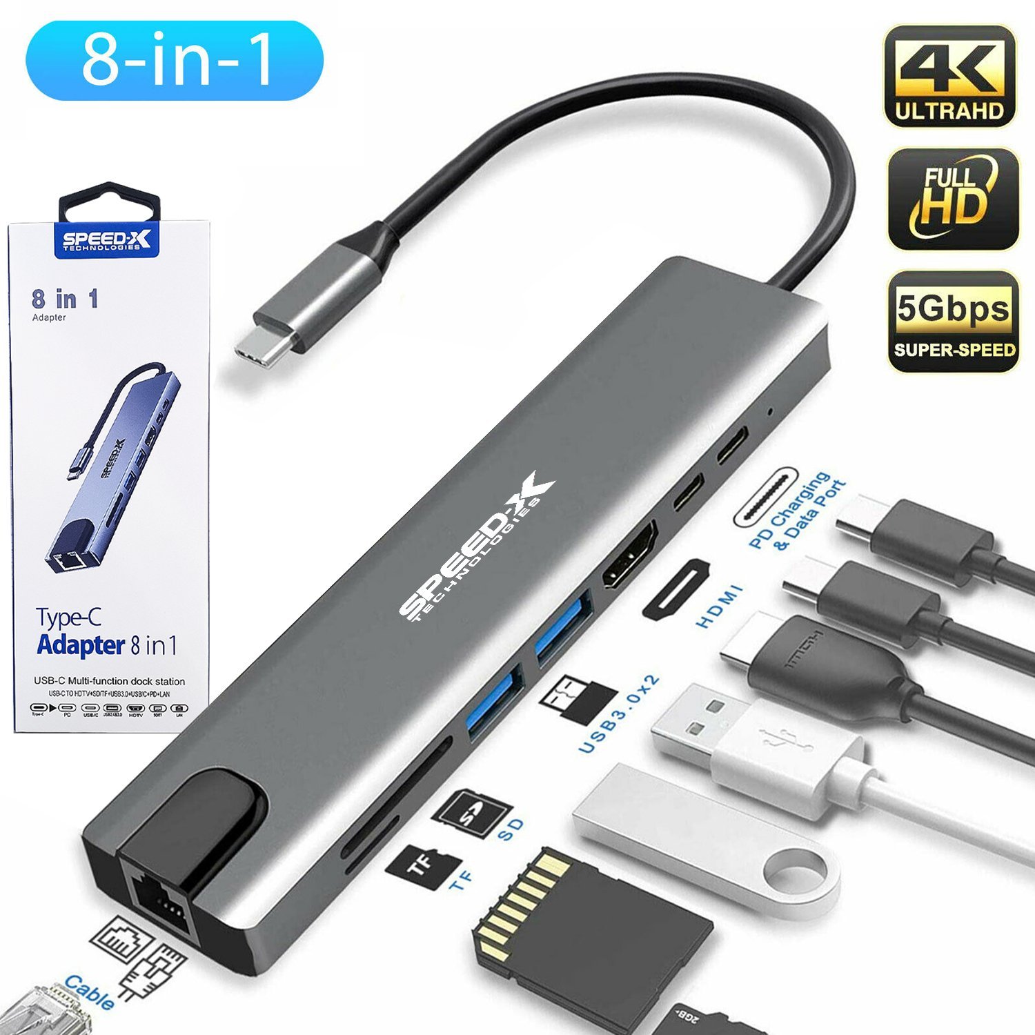 SPEED-X 8 IN1 MULTI-PORT TYPE C TO USB C 4K HDMI ADAPTER USB 3.0 NETFLIX & YOUTUBE SUPPORTED